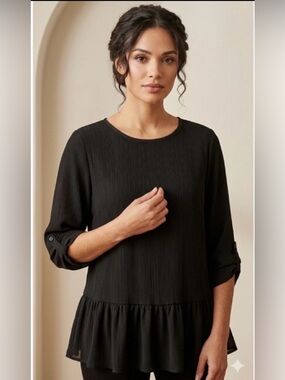 Apt. 9 Black Pleated Peplum Blouse Roll Tab Sleeves Size 1X EUC